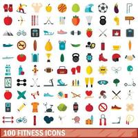 100 Fitness-Icons gesetzt, flacher Stil vektor