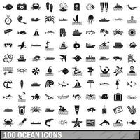 100 ocean ikoner set, enkel stil vektor