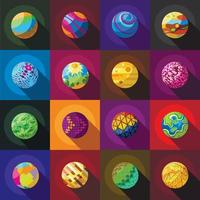 fantastiska färgglada planeter ikoner set, platt stil vektor