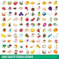 100 välsmakande mat ikoner set, isometrisk 3d-stil vektor