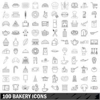 100 Bäckerei-Icons gesetzt, Umrissstil vektor