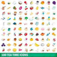 100 Teezeit-Icons gesetzt, isometrischer 3D-Stil