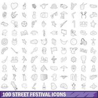 100 gatufestivalikoner set, konturstil vektor