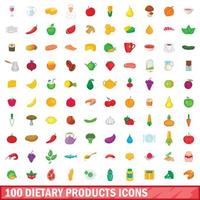 100 dietprodukter ikoner set, tecknad stil vektor