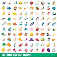 100 Frühstückssymbole gesetzt, isometrischer 3D-Stil vektor