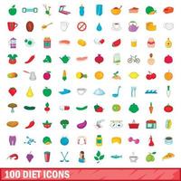 100 diet ikoner set, tecknad stil vektor