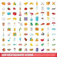 100 restaurang ikoner set, tecknad stil vektor