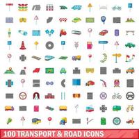 100 Transport- und Straßensymbole im Cartoon-Stil vektor