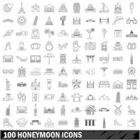 100 Flitterwochen-Icons gesetzt, Umrissstil vektor