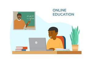 afrikanisch-amerikanischer junge sitzt am schreibtisch vor laptop und lernt mathe per videokonferenz mit lehrer. Online- oder Fernunterricht. von zu Hause aus lernen. flache vektorillustration. vektor