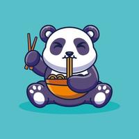 söt panda äter ramen nudel tecknad premium vektor