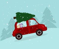 Rotes Auto mit Weihnachtsbaum und Geschenken an einem verschneiten Tag. idee für urlaubskarte, für kinderbücher oder zeitschriften, für neujahrskunst. vektor