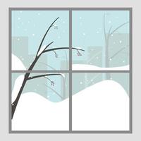 ett stort fönster med den snöiga vintern, ett viburnumträd med snö på grenarna och silhuetter av byggnader i bakgrunden vektor