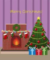 Zimmer mit Kamin, Weihnachtsbaum und Geschenken. vektor