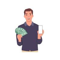 junge lächelnde mannzeichentrickfigur, die geld hält und sein telefon zeigt. flache vektorillustration lokalisiert auf weißem hintergrund vektor