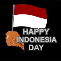 vektordesign des grußes glücklichen indonesien-tages mit den händen, die die indonesische flagge halten. schwarzer Hintergrund vektor