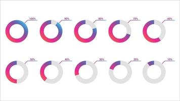 10 bis 100 prozentuale Infografiken, die mit Farbverlaufskreis erstellt wurden, prozentualer Infografik-Vektorsatz. vektor