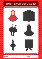 hitta rätt skuggspel med kvinnlig muslim. arbetsblad för förskolebarn, aktivitetsblad för barn vektor