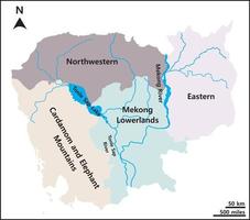 Die Karte von Kambodscha umfasst vier Regionen im Nordwesten der Kardamom- und Elefantenberge, im Mekong-Tiefland und im Osten. Mekong-Flussbecken und Tonle-Sap-See. vektor