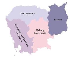 karte von kambodscha umfasst vier regionen nordwestlichen kardamom und elefantenberge mekong tiefland und osten. Mekong-Flussbecken und Tonle-Sap-See. vektor