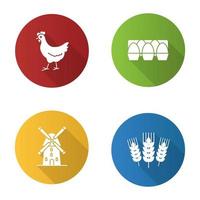 Landwirtschaft flaches Design lange Schatten-Glyphen-Symbole gesetzt. Landwirtschaft. Huhn, Eierablage, Windmühle, Ähren. Vektor-Silhouette-Illustration vektor