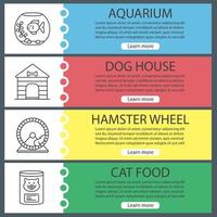 husdjur leveranser webb banner mallar set. akvarium, hundhus, hamsterhjul, kattmat. webbplats färg menyobjekt med linjära ikoner. vektor headers designkoncept