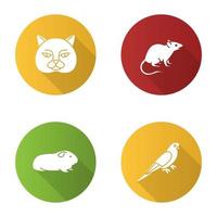 Haustiere flaches Design lange Schatten-Glyphen-Symbole gesetzt. britische Katze, Maus, Meerschweinchen, Wellensittich. Vektor-Silhouette-Illustration