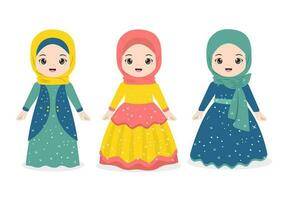 Eine Reihe süßer muslimischer Cartoon-Mädchen in schönem Kleid vektor