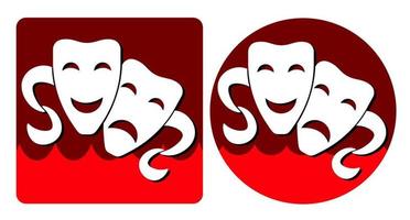 vit komedi och tragiska teatraliska masker på röd bakgrund i form av logotyper vektor