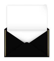 realistiskt öppet svart kuvert med guld grekisk prydnad. tomt papper inuti. detaljerad hälsningsmall. postprodukter. isolerad vektor på vit bakgrund