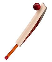 Cricketschläger aus Holz trifft roten Lederball im realistischen Stil auf weißem Hintergrund. Teamsport im Sommer. Vektor auf weißem Hintergrund
