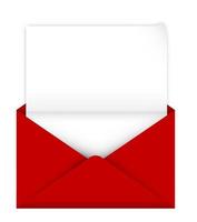 realistiskt öppet rött kuvert med ett pappersark inuti. detaljerad gratulationsmall. postförsändelser. isolerade vektor på vit bakgrund