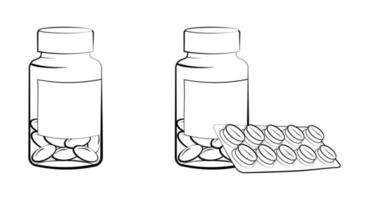 tallrik med piller och en burk vitaminer. hälsa och sjukdomsbehandling. isolerade vektor på vit bakgrund