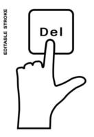 Symbol editierbarer Strich, menschliche Hand drückt mit dem Zeigefinger die Tastaturtaste Löschen. Hilfe bekommen, zusätzliche Informationen. isolierter Vektor auf weißem Hintergrund