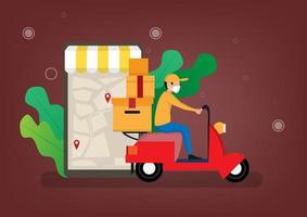snabb leverans shopping onlinetjänst och snabb leverans av ett paket runt staden av motorcykelpersonal. vektor