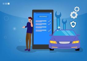 bilförsäkring begreppet försäkringar och försäkringstjänster. människor är involverade i att teckna avtal om egendomsförsäkring. platt vektorillustration vektor