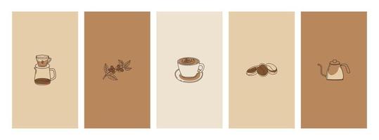 Reihe von abstrakten kreativen Hintergründen Kaffee lineare Symbole. vektor