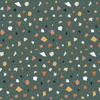 terrazzo sömlösa mönster. tryck i klassisk italiensk typ av golvstil. vektor abstrakt bakgrund med kaotiska fläckar. gröna, gula, orange, svarta och vita färger.