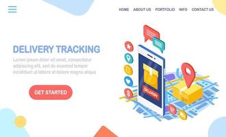försändelsespårning. isometrisk 3d-telefon med leveranstjänstapp. frakt av låda, godstransport. vektor design