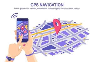 Isometrisches 3D-Smartphone mit GPS-Navigations-App, Tracking. Mobiltelefon mit Kartenanwendung. Vektordesign
