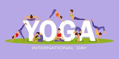 Internationaler Yoga-Tag. Yoga-Körperhaltungen. Gruppe von Frauen, die Yoga praktizieren. vektor
