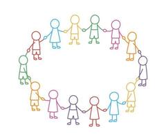 glada doodle stick barn håller händer. handritade roliga barn i cirkel. internationell vänskap koncept. doodle barngemenskap. linjär vektorillustration isolerad på vit bakgrund vektor