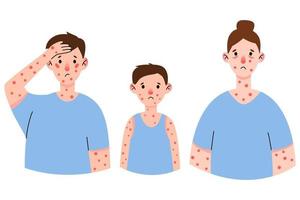 sätt appoxvirus symptom på patient med feber, huvudvärk, svullen lymfkörtel, utslag i ansikte, kropp och rygg, muskelvärk. vektor platt isolerad illustration för utskrift.