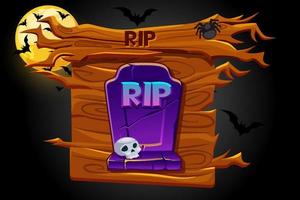 Spiel-Rip-Symbol, Holzbanner und gruselige Nacht. vektorillustration eines grabs für halloween und des mondes mit fledermäusen. vektor