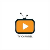 online-tv-kanal-logo-design-vorlage, tv-symbol, weiße spieltaste, live-streaming, unterhaltungsunternehmen, antenne, gelb orange, schwarz vektor