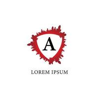 brev ett alfabet logotyp formgivningsmall. stänk av blod med sköldform i mitten. isolerad på vit bakgrund. försäkring, skydd, skräck, säkerhet. första abjad logotyp koncept vektor