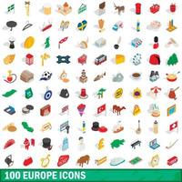 100 Europa-Icons gesetzt, isometrischer 3D-Stil vektor