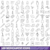 100 läkemedel ikoner set, kontur stil vektor