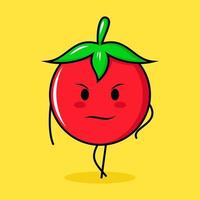 söt tomatkaraktär med coolt uttryck. grönt, rött och gult. lämplig för uttryckssymbol, logotyp, maskot vektor