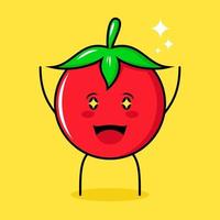 süßer tomatencharakter mit fröhlichem ausdruck, zwei hände hoch, mund offen und funkelnden augen. grün, rot und gelb. geeignet für Emoticon, Logo, Maskottchen vektor
